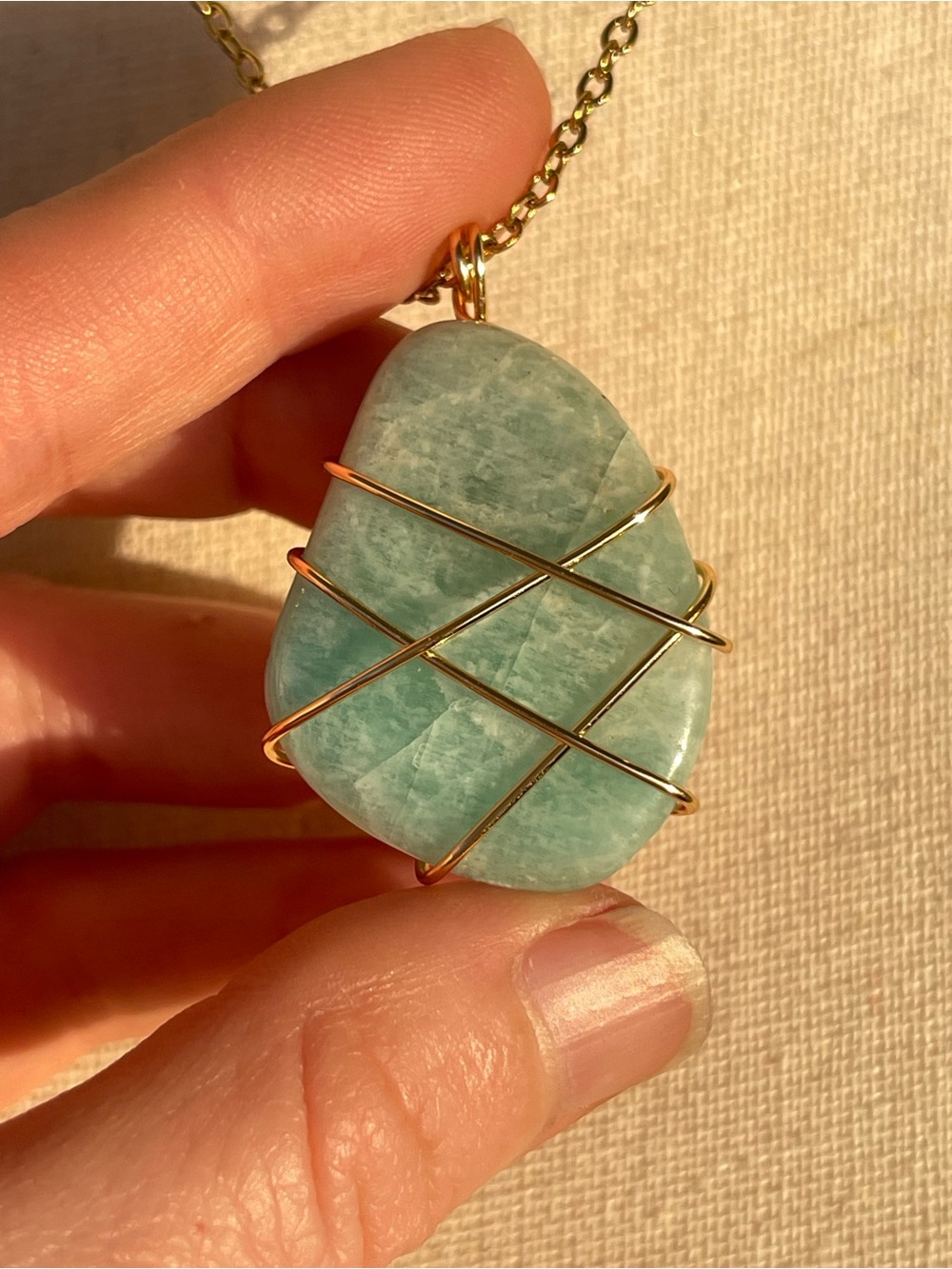 Amazonite Gold-Wire Wrapped Crystal Pendant Necklace Aqua Green